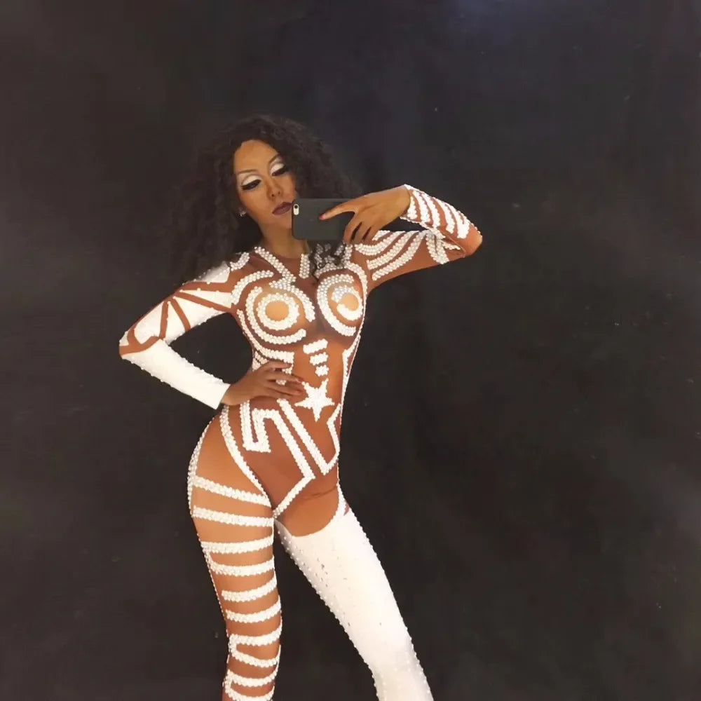 Sexy White Sparkling Rhinestones Jumpsuit Dj Nightclub Singer Costume Women Nightclub Party Stage Wear Costume Dance Singer Wear