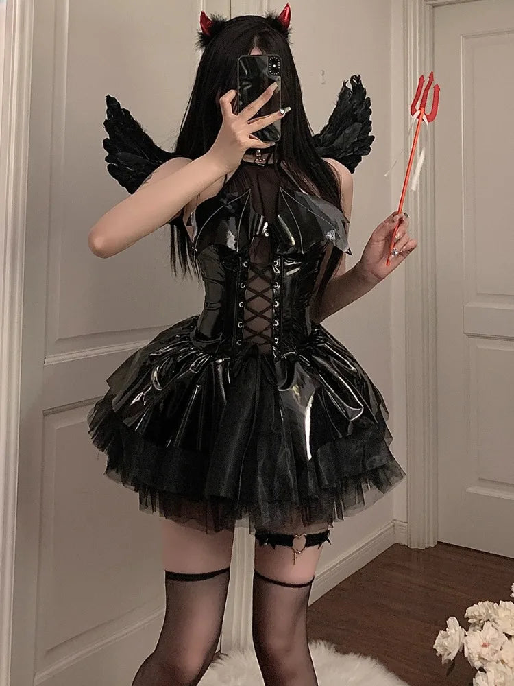 Sexy Demon Costumes Witch Lingerie Women Halloween Cosplay Devil Bandage Mini Skirt Erotic Female Leather See Through Underwear