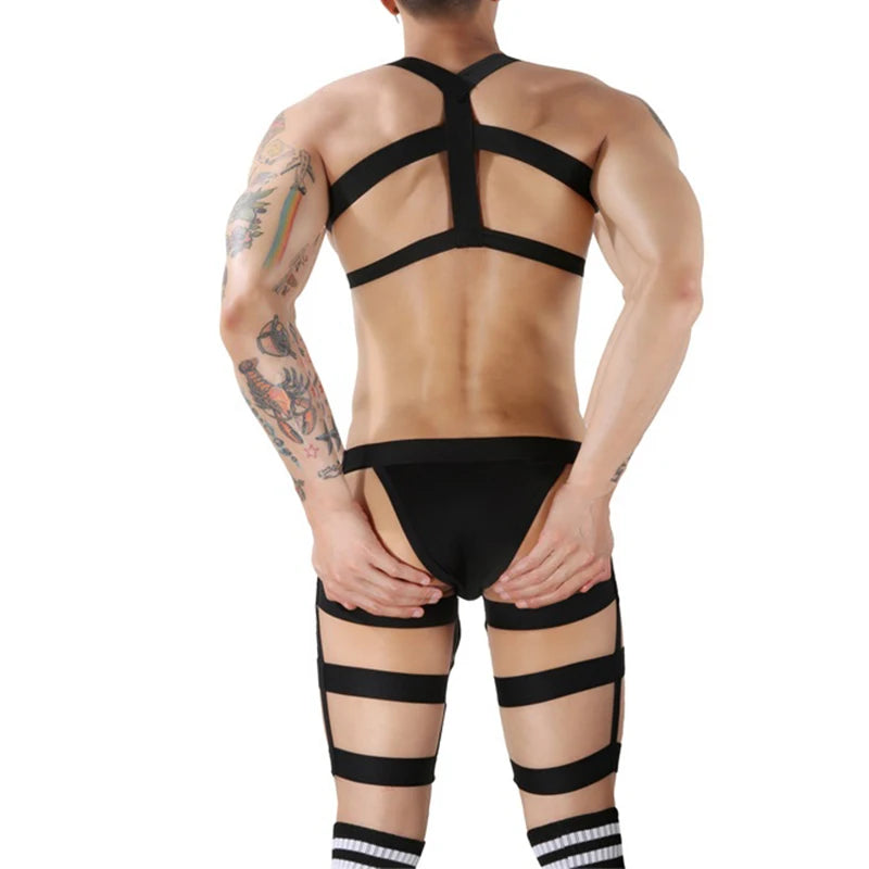 CLEVER-MENMOD Men Sexy Porn Halterneck Chest Briefs Stockings Set Jockstrap BDSM Harness Lingerie Exotic Sissy 18+ Adult Costume