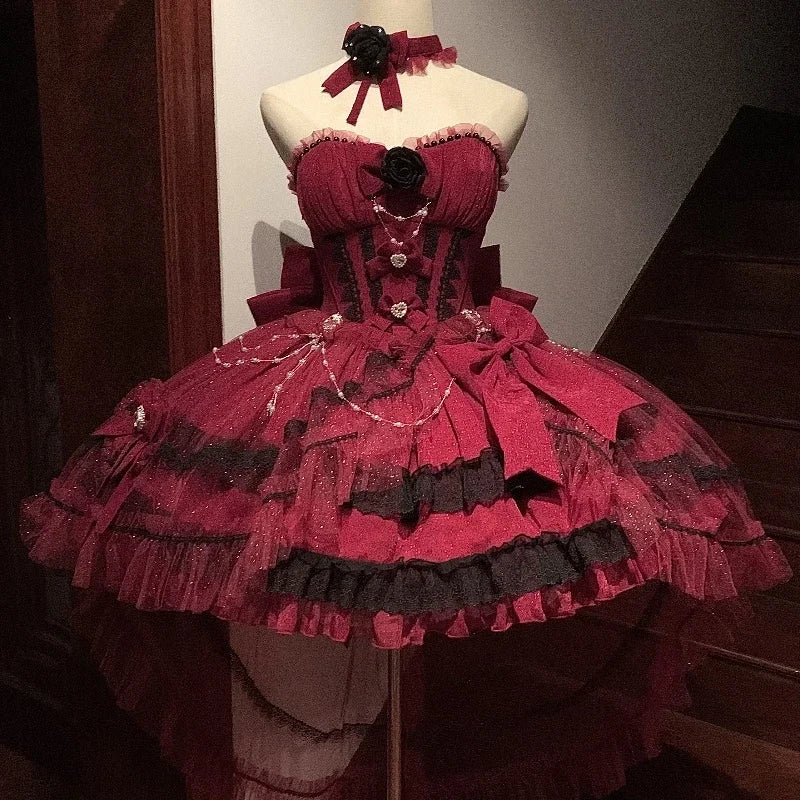 Red Lolita Strapless Dress Spring and Summer New Sweet Girl Ladies High Waist Elegant with Tail Party Short Dresses for Women