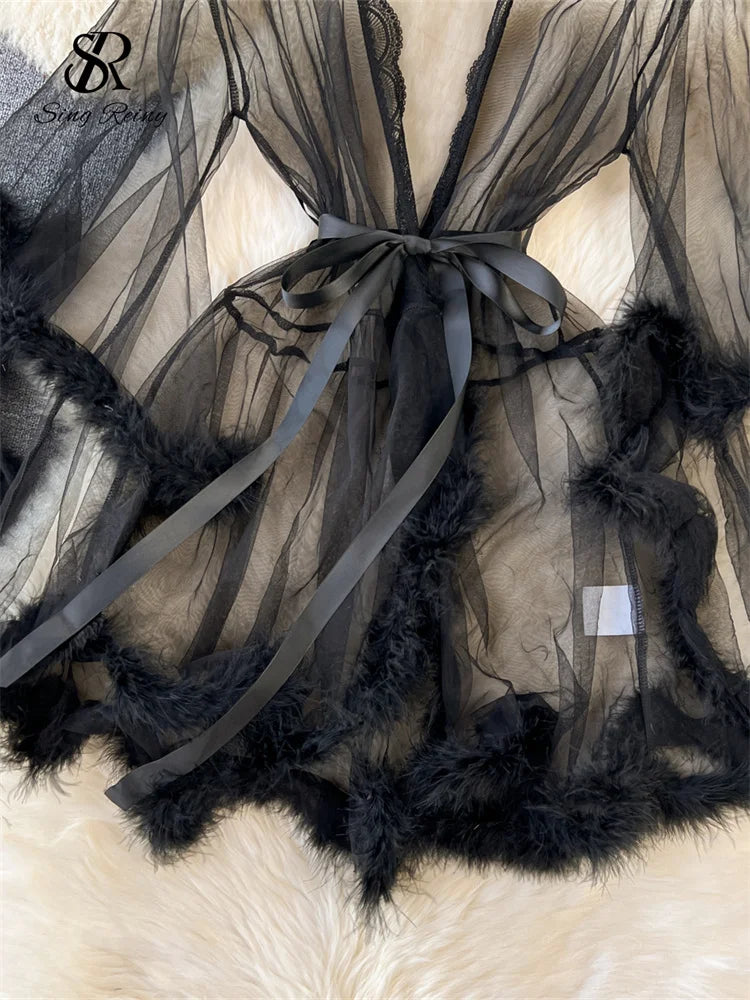 SINGREINY Female Sheer Shapewear Robes Fashoin Long Sleeve Plush Spliced Thin Lingerie Women Lace Up Erotic Midi Long Sexy Robes