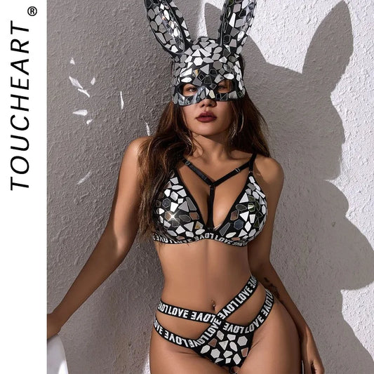 Toucheart Sexy Rabbit Uniform Lingerie Suit for Women Bikini Mask Set Plunge Hollow Out 3-point Lingerie Set Underwear Suit New