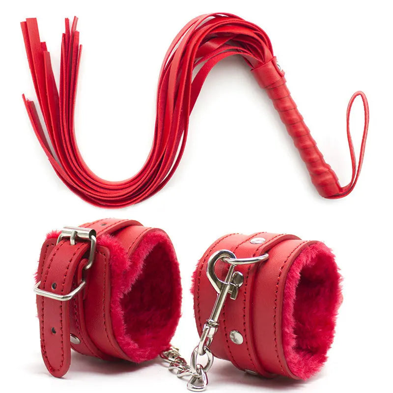 Pink Black Red BDSM Sexy Bondage Handcuffs Ankle Cuffs Adjustable With Whip Adult Game Erotic Sex Toy for Women Couples