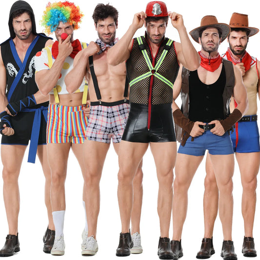 Sexy Mens Firefighter Bodysuit Mesh See Through Underwear Faux Leather Clown Cosplay Costume Nightclub Cowboy Uniform Hat Set