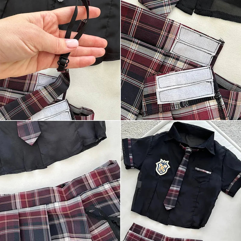 Toucheart Preppy Style Sexy Uniform Sets Women Sexy Uniform Suit Sheer Top+Lace Up Mini Skirt+Thongs Hollow Cosplay Porn Suits