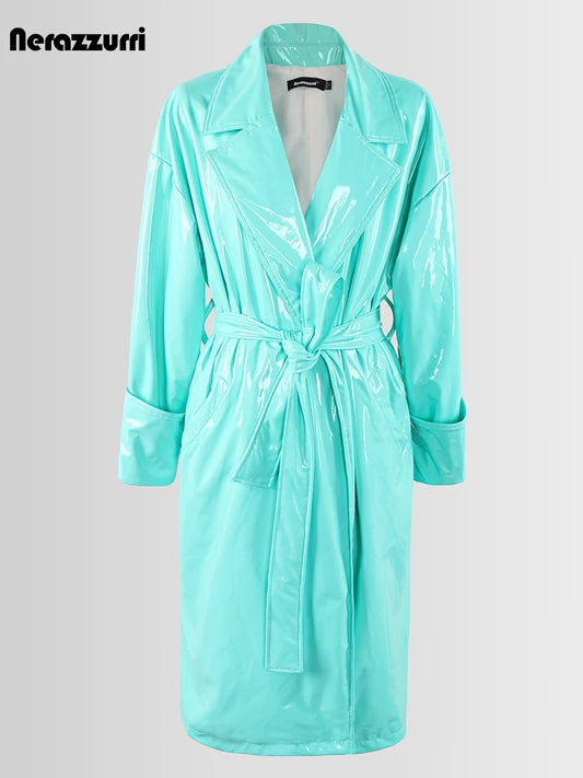 Nerazzurri Autumn Long Oversized Shiny Reflective Soft Blue Patent Faux Leather Trench Coat for Women Sashes European Fashion