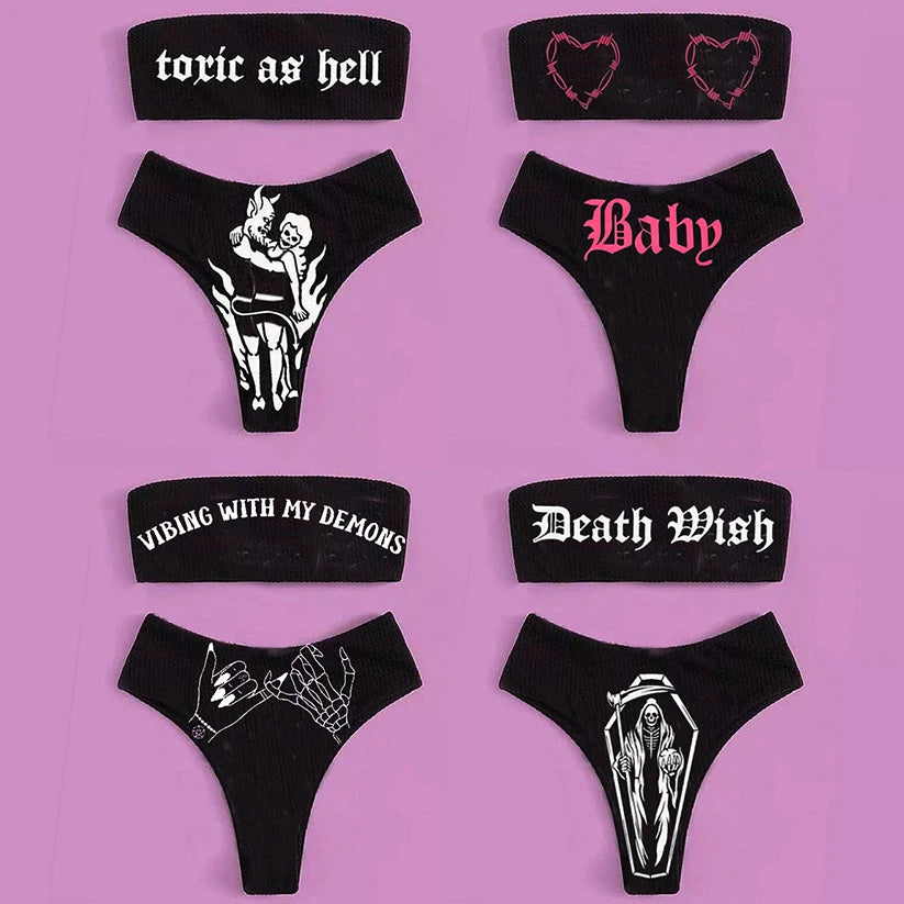 Gothic Bikini 2025 Women Skeleton Tube Top Bra Triangle Bottoms Swimsuit Split Bathing Suit Underwear Y2K Bikinis Punk Swimwear