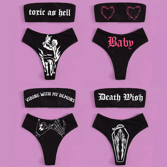Gothic Bikini 2025 Women Skeleton Tube Top Bra Triangle Bottoms Swimsuit Split Bathing Suit Underwear Y2K Bikinis Punk Swimwear