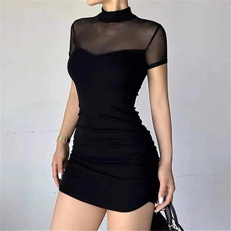 Goth Dark Mall Goth Mesh Patchwork Short Sleeve Mini Dress Cyber Y2K Half High Pleat Bodycon Dresses Women Slim Techwear