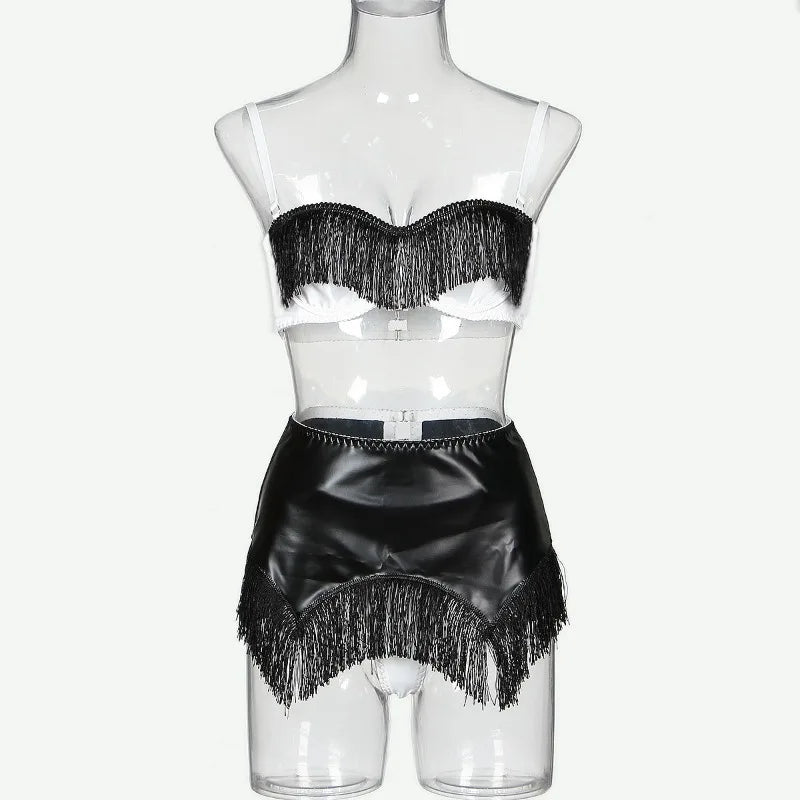 Toucheart Sexy Lingerie 4-piece Set for Women Pu Patchwork Tassel Bodycon Skirt Sexy Contrast Color Interesting Underwear Set