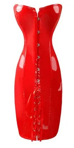 PVC Leather Corset Dress Sexy Women Gothic Punk Long Strapless Torso Bustier Body Slim Club Vinyl Latex Mini Dress Plus Size