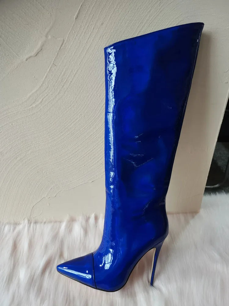 Knee High Boots Candy Colors Mirror Leather Women Knee High Boots High Heels Stilettos Runway Shoes for Women High Heel Boots