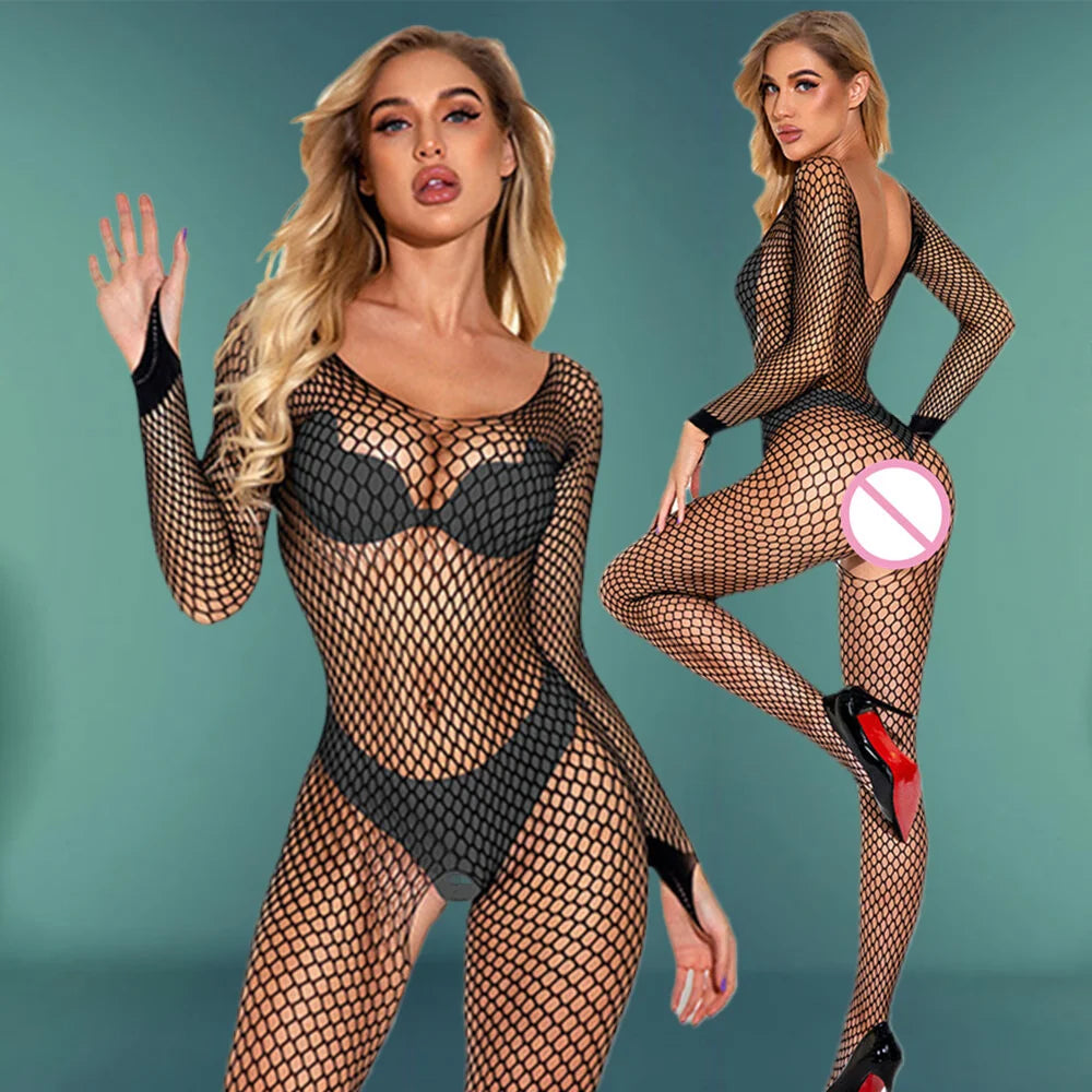 Sexy Fishnet Bodystockings Women Erotic Lingerie Fishnet Bodysuit Outfits Lace Underwear Erotic Mesh Stockings Porn Set Costumes