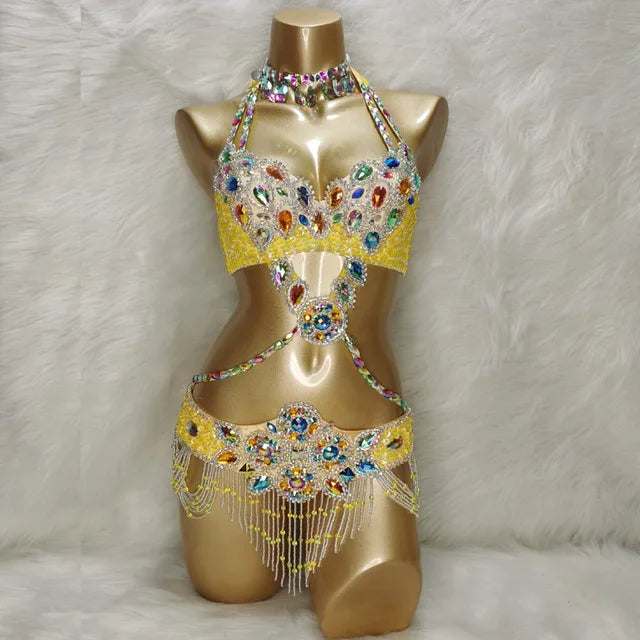 Hot Sale Women's Beaded Crystal Belly Dance Costume Wear Bra+Belt Set Sexy Bellydancing Suit Bellydance Clothes