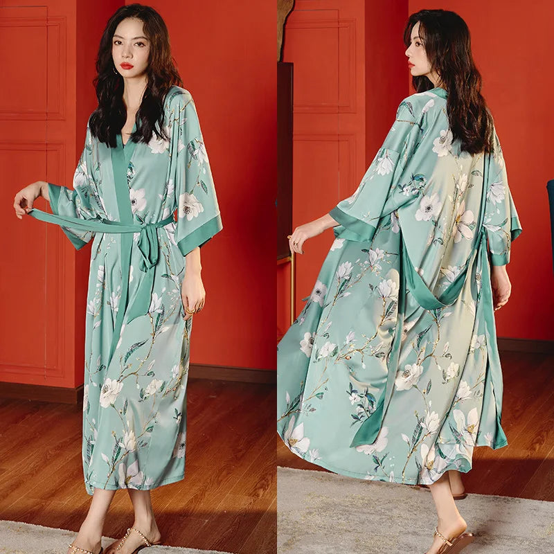Oversize Long Robe Spring Summer Women Sleepwear Kimono Bathrobe Gown Sexy Satin Nightwear Nightgown Loose Home Dressing Gown