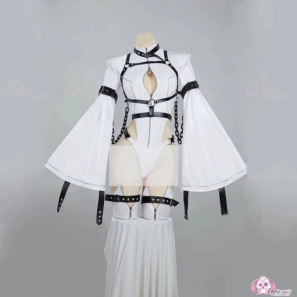 Battle Uniform Cosplay Costume PU Leather Big Sleeves Slim-Fit Jumpsuits Bunny Girl Outfit Halloween Role Play Wig Accessories
