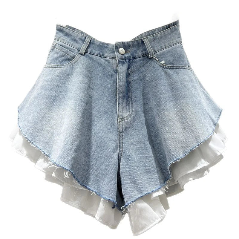 New Fashion Women's Patchwork Hem Wash Denim Shorts 2025 Summer Trendy High Waist A-line Short Pants Female