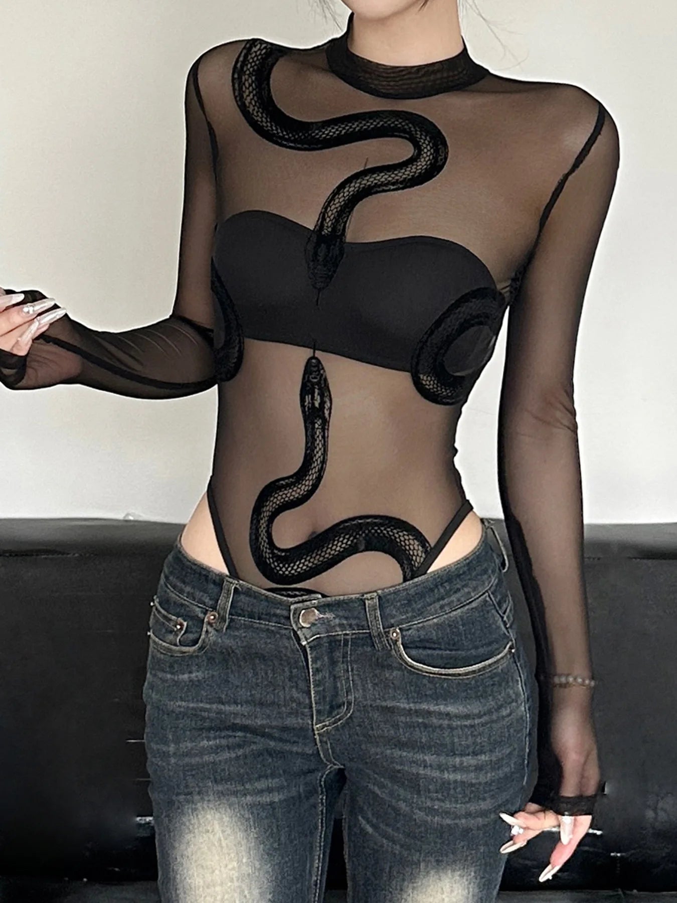 New spicy girl snake print perspective sexy splicing round neck mesh bodysuits for women
