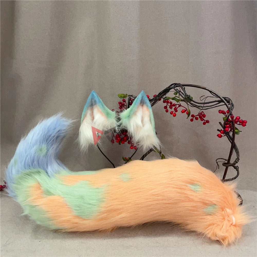 New Hand Made Work Halloween Blond Red Wolf  Wolves Ears Hairhoop Headwear Tail  Black Green Costume Accessories Custom Made