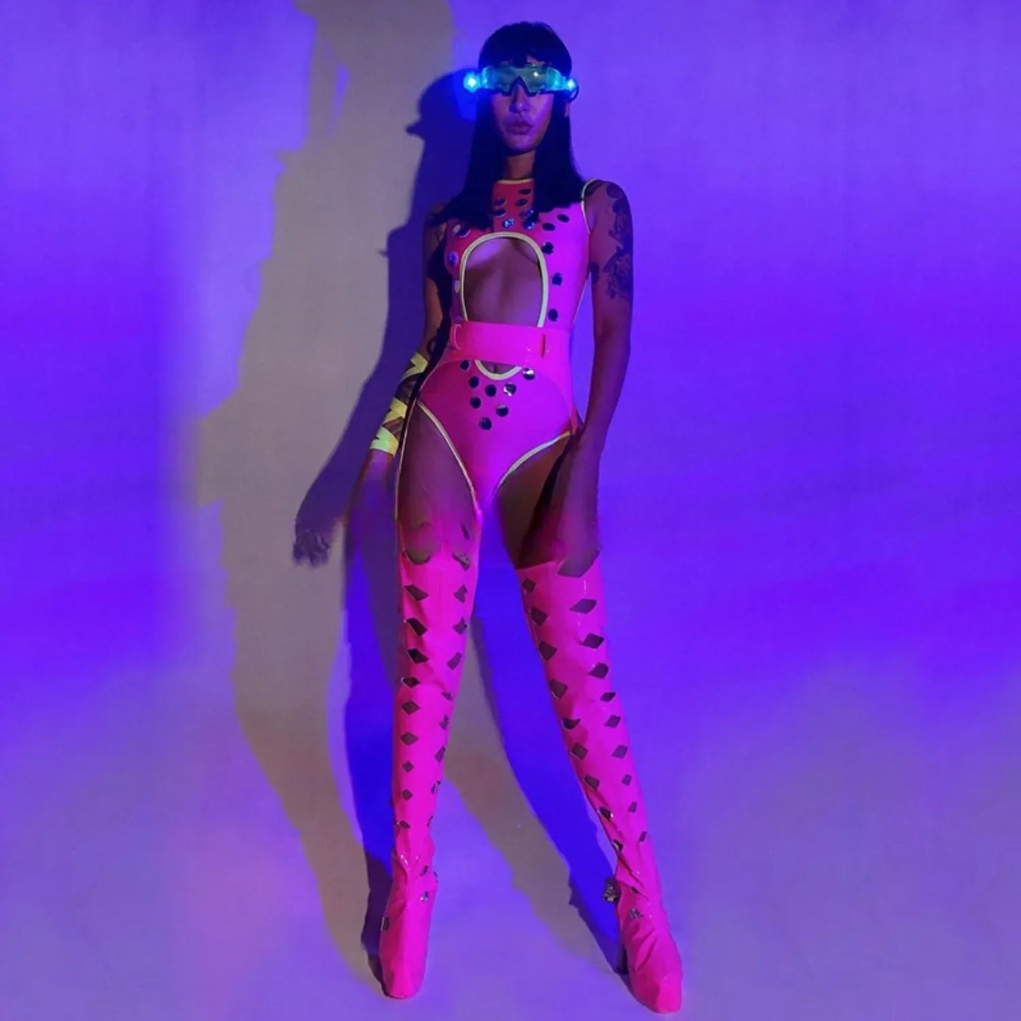New Sexy Bar Nightclub Party Stage Costume Set Women Singer Team Outfit Bodysuit+Belt+Pants Legs+Lighting Glasses