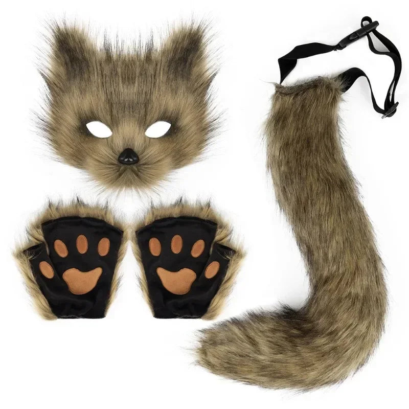 Fox Cat Ears Mask+Tail +Gloves，Fluffy Animal Headwear Ears Hairpin+Tail +Bell，Hair Hoop Set for Halloween Cosplay Accessories