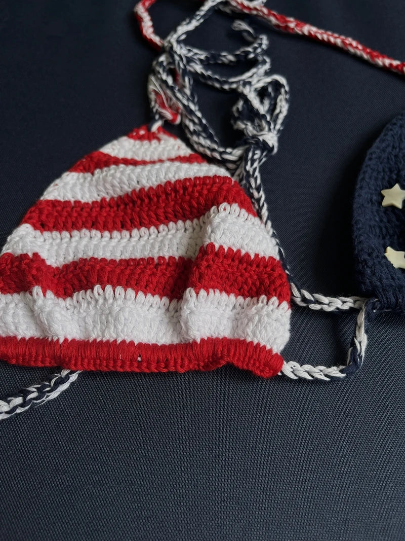 ASHBURNS USA American Flag Bikini Bathingsuit The Stars And The Stripes Handmade Crochet Beachwear Women String Bikini Set Two-Pieces