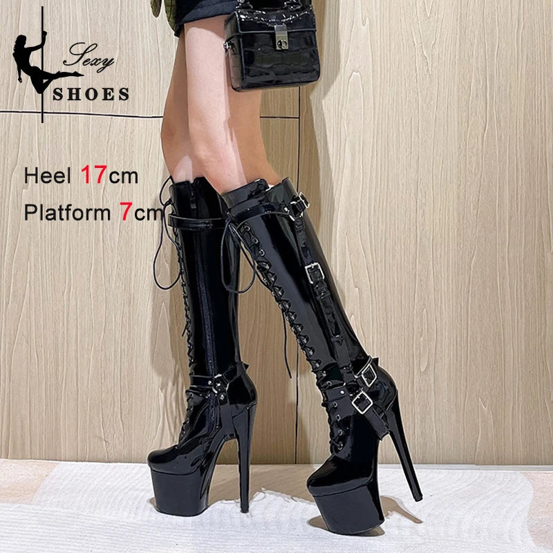 Women Erotic Red T-tied Knee-High Boots Pole Dancing Fashion Boots Zip Stiletto Gothic Fetish Long Boots Stripper Shoes