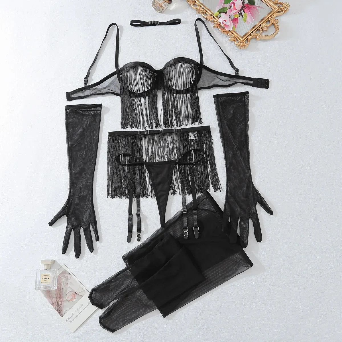 Toucheart Tassel Porn Erotic Lingerie 8-Piece Transparent Ultra Sexy Adult Costume with Garter Outfit Call The Night Sex Suit