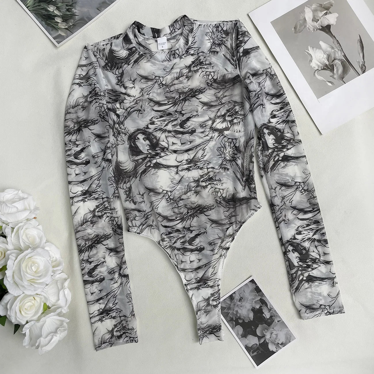 Sexy High Fork Tie Dye Print Bodysuit Women Long Sleeve Cyber Body T-Shirt Game Cosplay Jumpsuit Costume Mesh Transparent