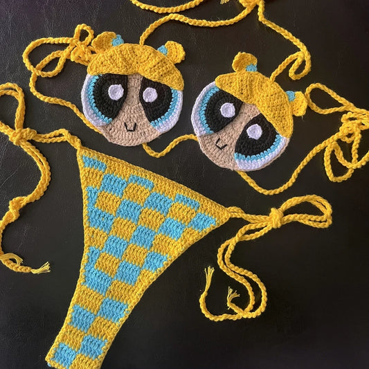 Red High Quality Handmade Crochet Micro Powerpuff Yellow Bikini Set Sexy String Brazil Beachwear Nice Cotton Holiday Swimwear