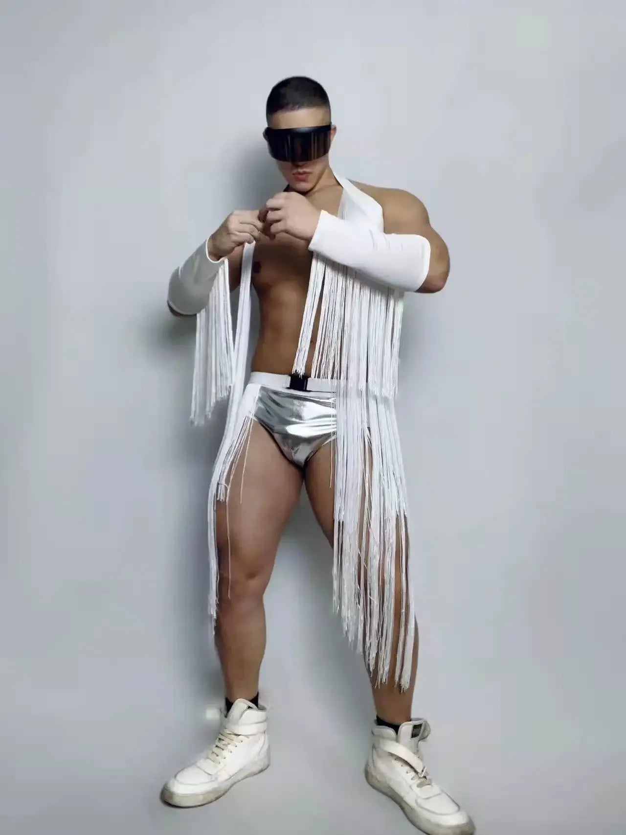 Male DJ Dancer Team Sexy Stage Wear Nightclub Bar Gogo Dance Costume White Tassel Festival Rave Outfits Club Party Rave Outfits