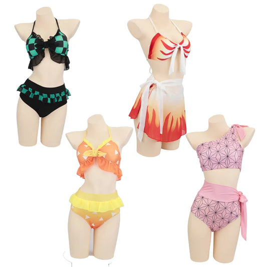 Anime Demon Slayer Kamado Tanjirou Cosplay Costume Nezuko Zenitsu Bikini Beach Halloween Summer Split Swimsuit Set