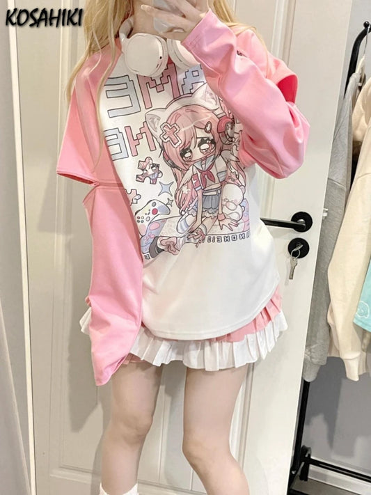 Autumn Japanese Cartoon Print Hoodie Women Clothing Patchwork Y2k Aesthetic Tops 2025 Oversized Casual Zipper Grunge Sweatshirt