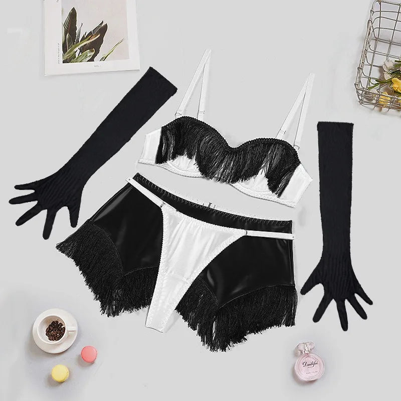 Toucheart Sexy Lingerie 4-piece Set for Women Pu Patchwork Tassel Bodycon Skirt Sexy Contrast Color Interesting Underwear Set