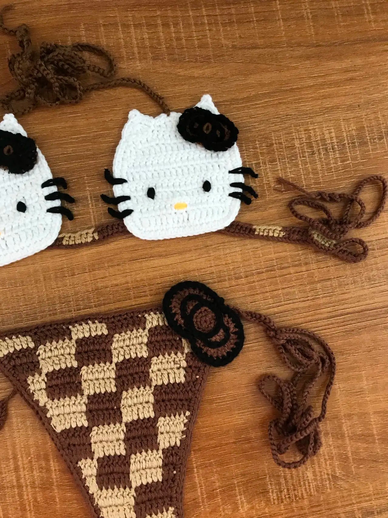 100% Handmade Crochet Brown Bikini Set Swimwear Beachwear Outfit Island Crochet Bikini Bow Cute Bathing Suit Women DIY clothing