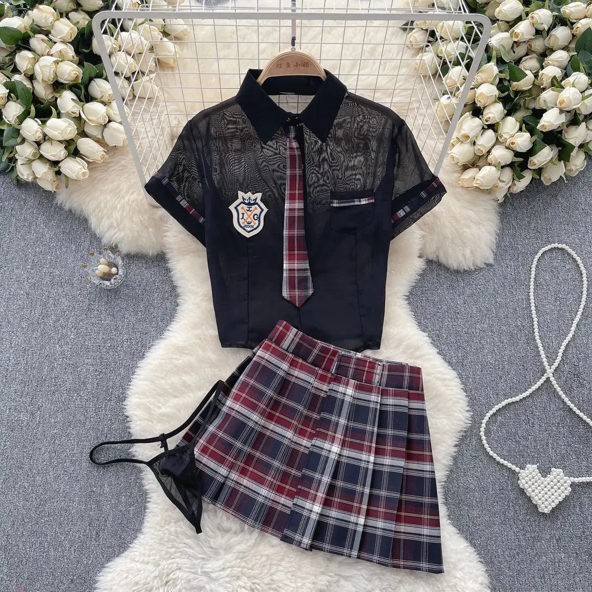 Toucheart Preppy Style Sexy Uniform Sets Women Sexy Uniform Suit Sheer Top+Lace Up Mini Skirt+Thongs Hollow Cosplay Porn Suits