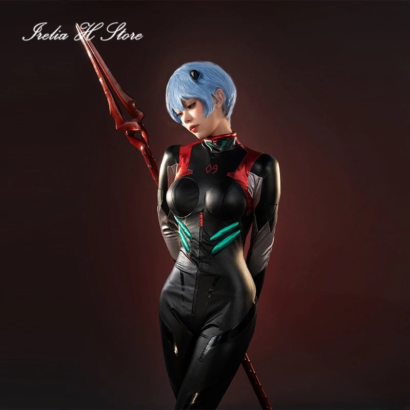in stock Irelia H Anime Ayanami Rei Cosplay Costume Ayanami Rei PU Black Jumpsuit Halloween Costume