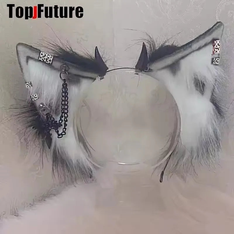 Harajuku Halloween Gothic Punk Lolita Devil's Horn Wolf Ear Demon Cosplay Handcraft Anime Party Costume Hairband headband