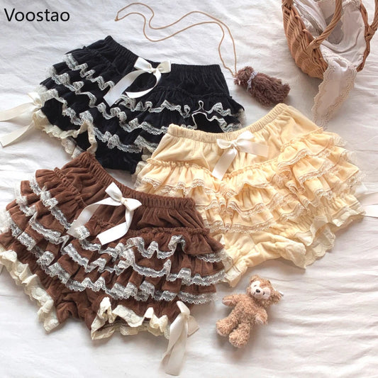 Autumn Winter Sweet Lace Ruffles Women Lolita Safety Short Pants Cute Knickers Velvet Princess Underpants Girl Harajuku Bloomers