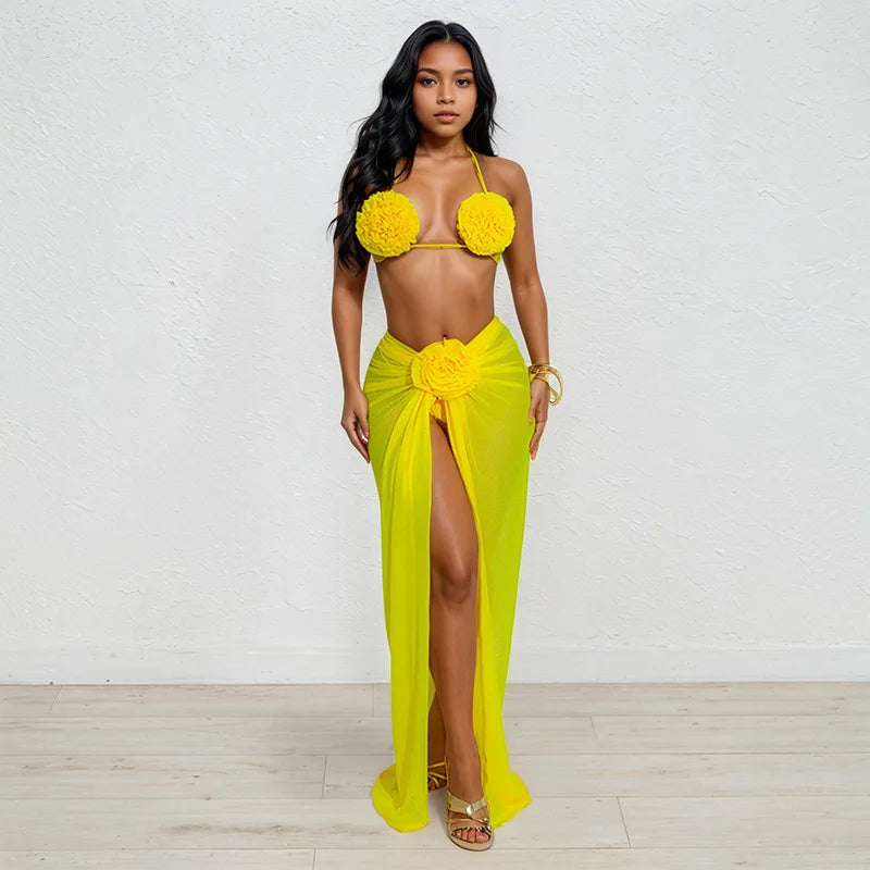 DEAT New 3 piece set Fashion Backless Halter Swimsuit For Women Beach Vacation Lace-up 3D Flower Bikini Suit Female 33A4132
