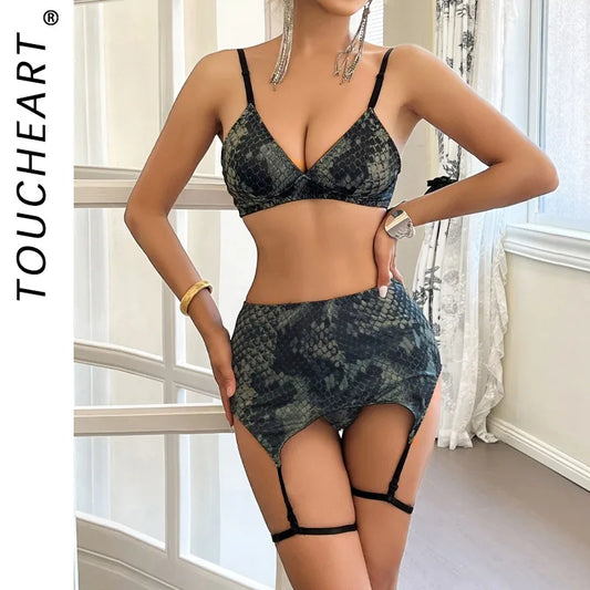 Toucheart Sexy Lingerie Suit for Women Sexy Snake Print Garters Women's Underwear 4-piece Set Exotic Fancy Underwear Uniform Set