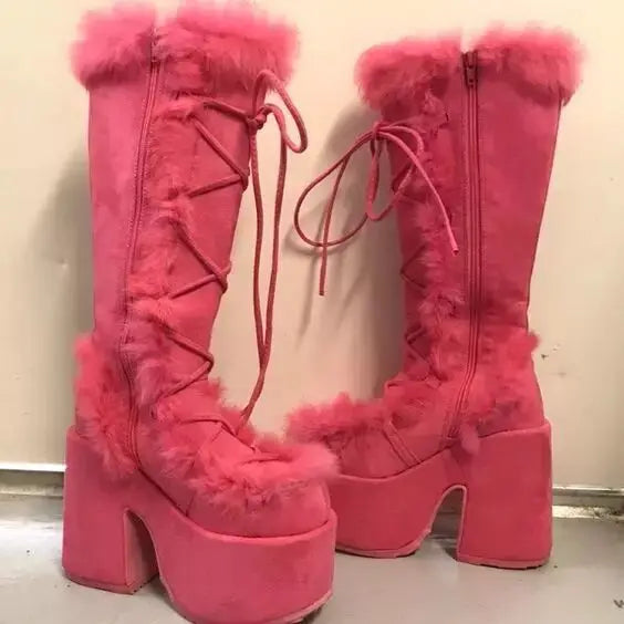 New Winter Women Snow Boots Platform High Heel Faux Fur Lady Shoes Female Plush Warm Non-slip Mid Calf Boots Goth Shoes