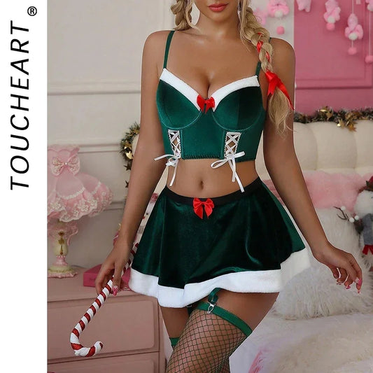 Toucheart Christmas Lingerie Velvet Female Underwear Bowknot Lace Patchwork Intimate Luxury Festival Sexy Uniform Set Women New