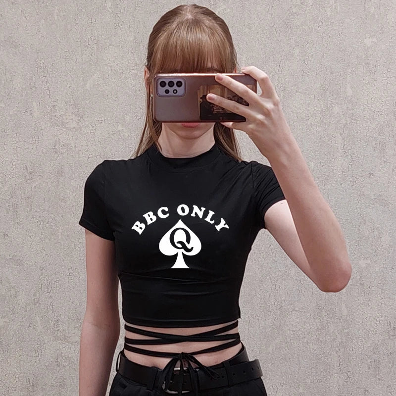 Queen of Spade BBC ONLY Summer Women Black Short T-Shirts Ladies Sexy Crop Tops Short Sleeve Bandage Tee Tops Female Shirts