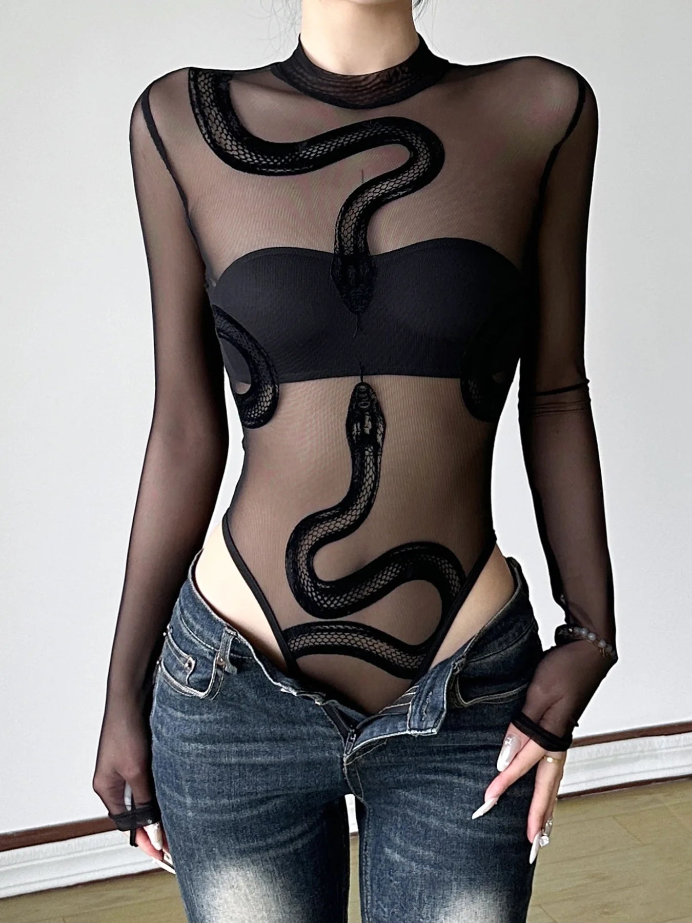 New spicy girl snake print perspective sexy splicing round neck mesh bodysuits for women