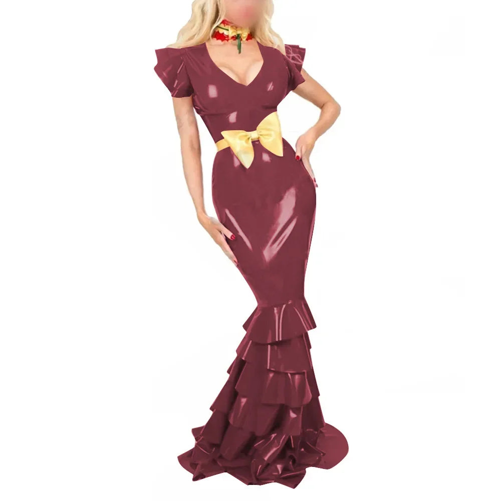 Plus Size Sexy V Neck Hobble Dress Vestido PVC Leather Short Sleeve Slim Ruffled Design Bodycon Maxi Dress Banquet Venue Gown