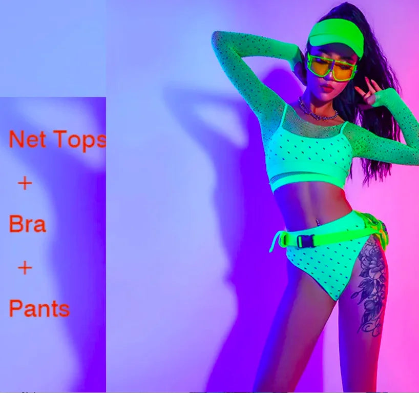 Drag Queen Gogo Dancer Costume Women Fluorescent One-Piece Bodysuit Goggles Stage Outfit Pole Dance Nightclub Bar Rave Clothes