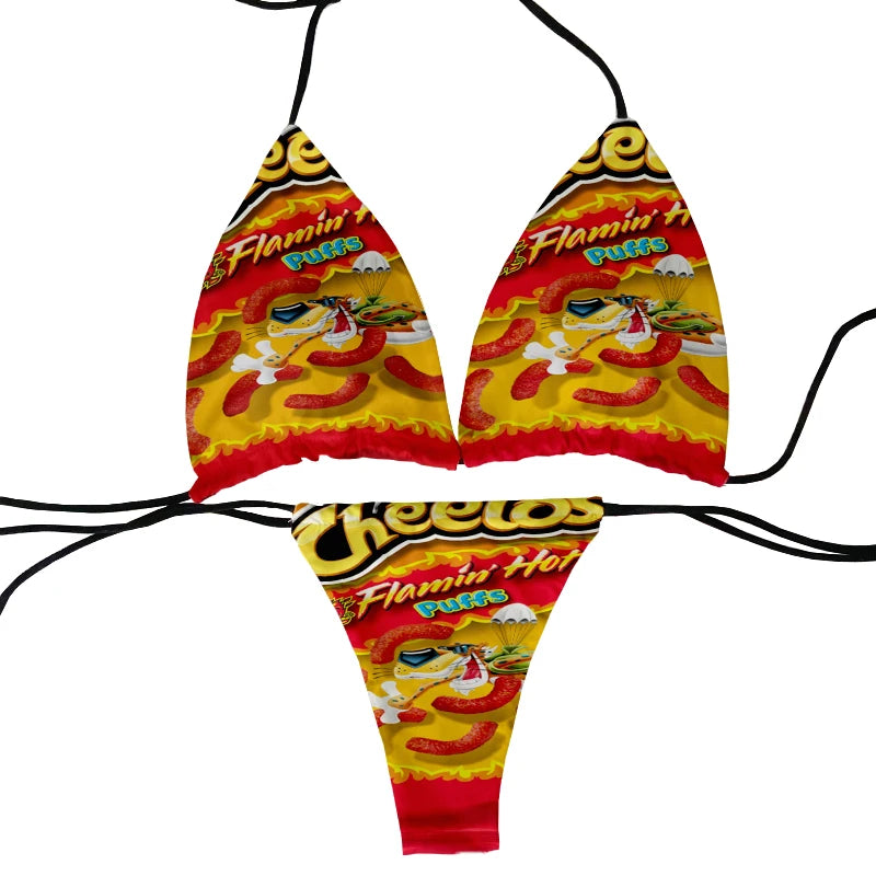 Funny food and potato chip print summer swimsuit women sexy bikini panties thong G-string swimming trunks beachwear