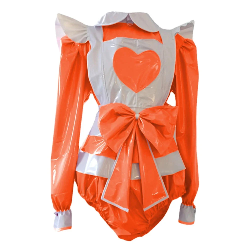 Long Sleeve heart Rompers Maid style with Big Bow Apron Spandex PVC Leather Cosplay Suits