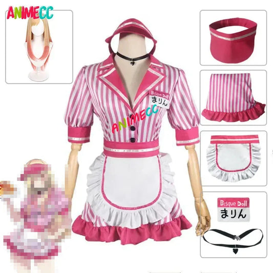ANIMECC in Stock Marin Kitagawa Cosplay Costume Wig Pink Waitress Sweet Maid Dress Anime Halloween Party for Women